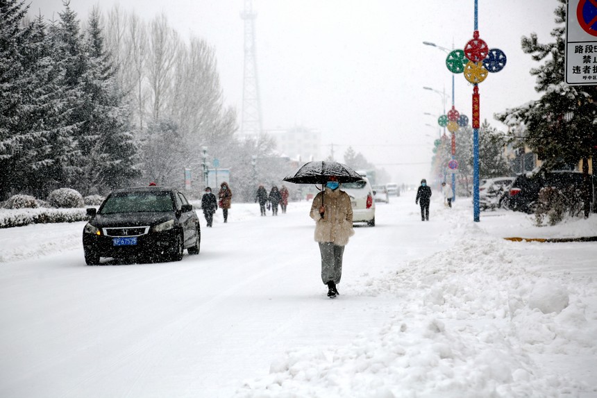 “中国最冷小镇”迎降雪 城市街路披银装