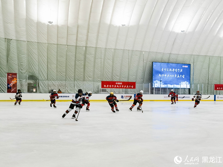 香坊区冰上运动中心举办少儿冰球比赛庆祝哈尔滨成功申办2025年亚冬会。人民网 徐成龙摄