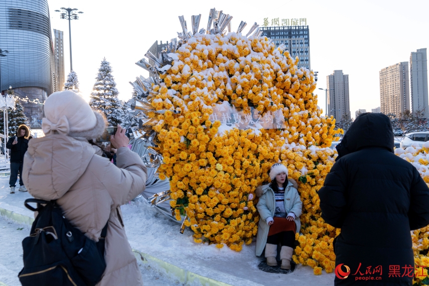 冰封玫瑰“绽放”冰城街头 冬日浪漫引市民游客打卡