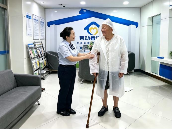 建设银行哈尔滨道里河松支行工作人员向老年群众发放雨衣。中国建设银行黑龙江省分行供图